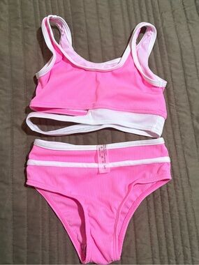 Pink Ribbed Two-Piece Bikini Set with White Trim